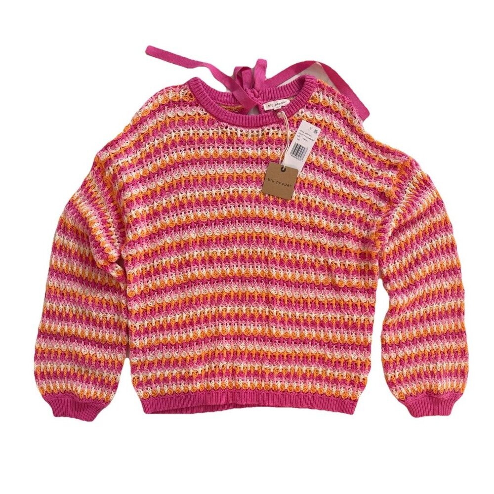 NWT Crochet Sweater Women's Small Striped Colorful Tie Back Blu Pepper Dillards